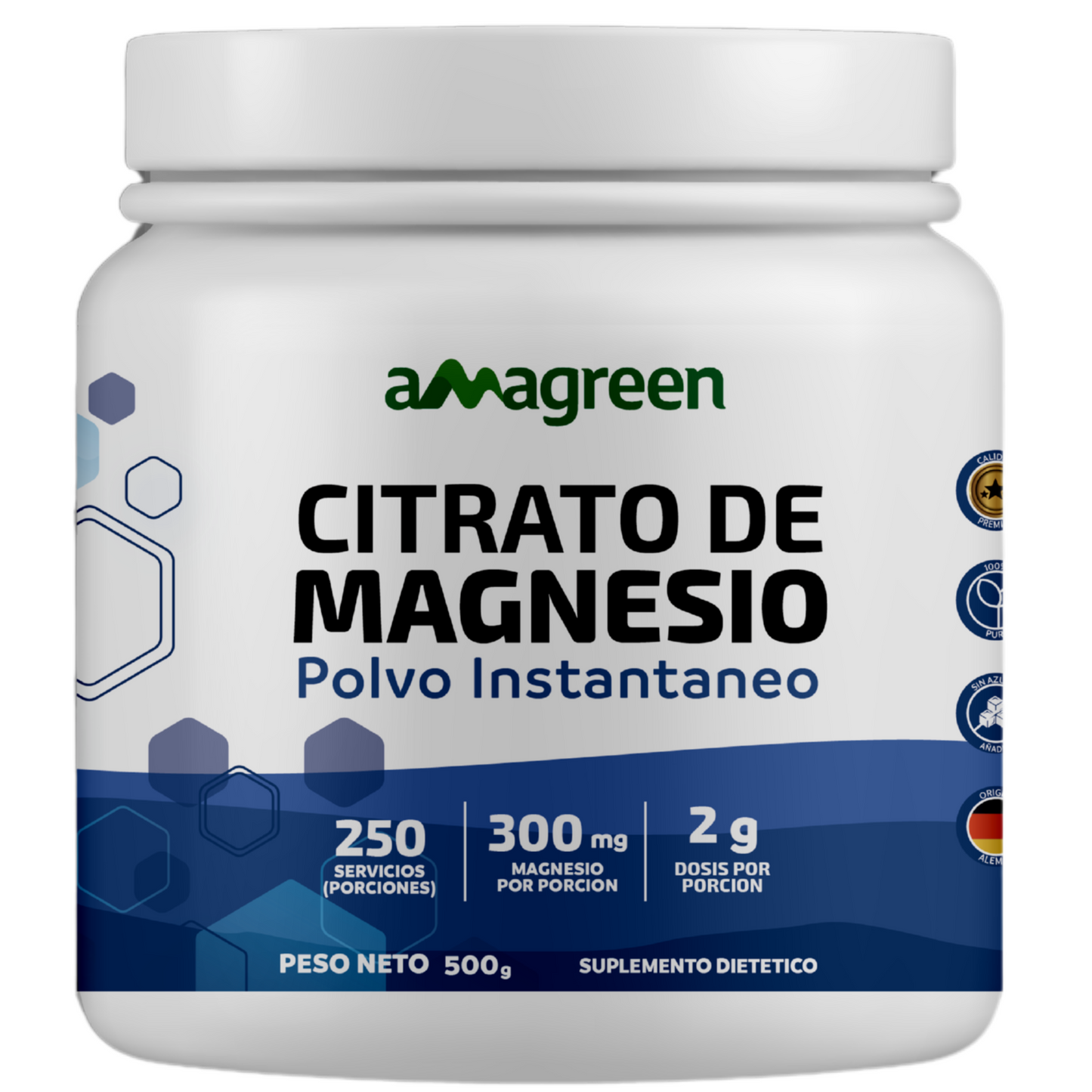 Citrato de Magnesio puro en polvo Amagreen 500g, sin sabor, origen alemán