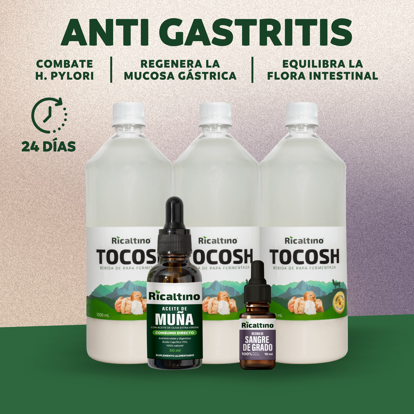 Pack Anti Gastritis Combate Helicobacter Pylori - Aceite de Muña comestible, Suero de Tocosh y Sangre de Grado (24 días)