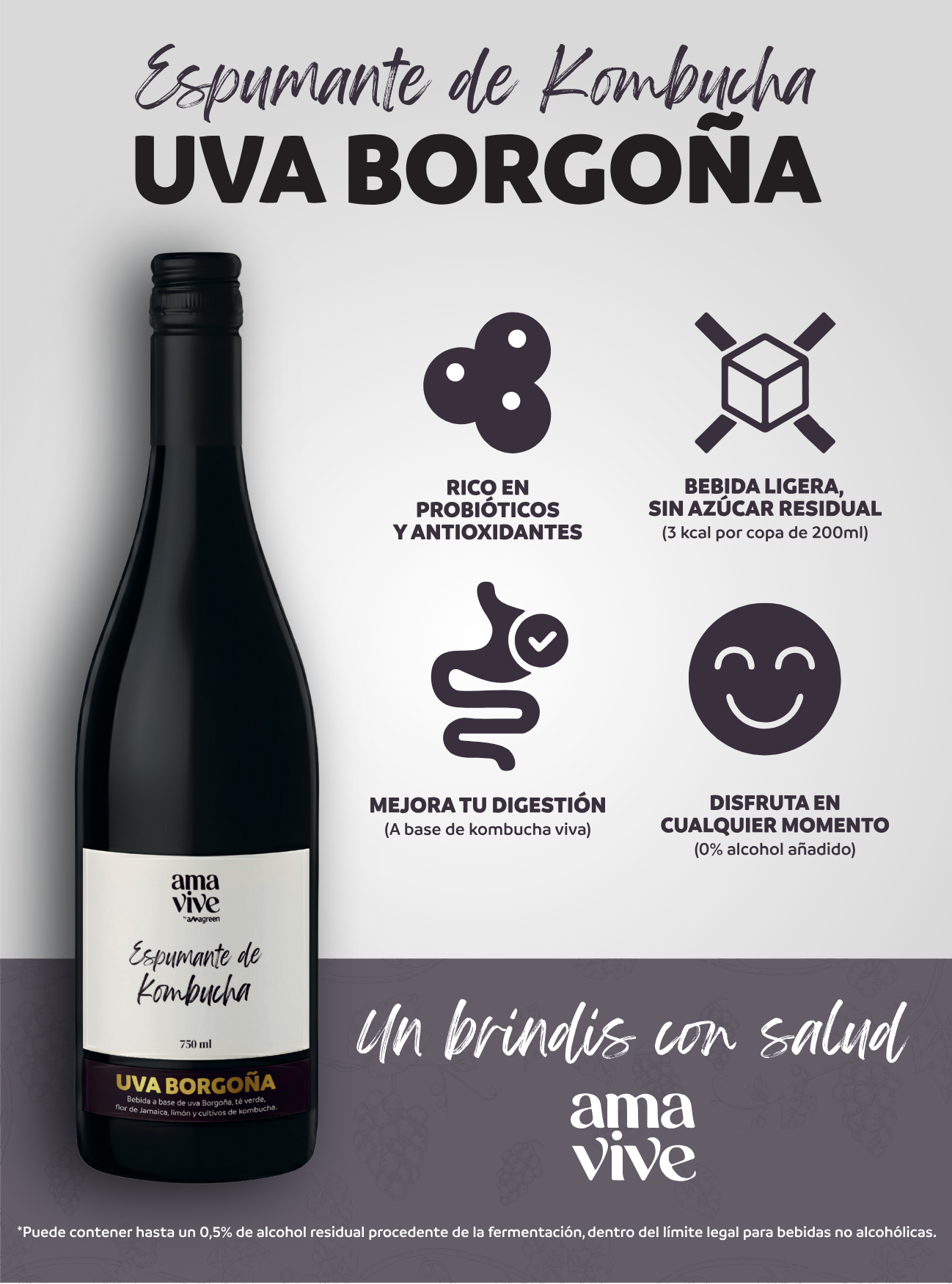 Pack x 6 Espumantes de Kombucha Uva Borgoña sin alcohol Amavive 750ml