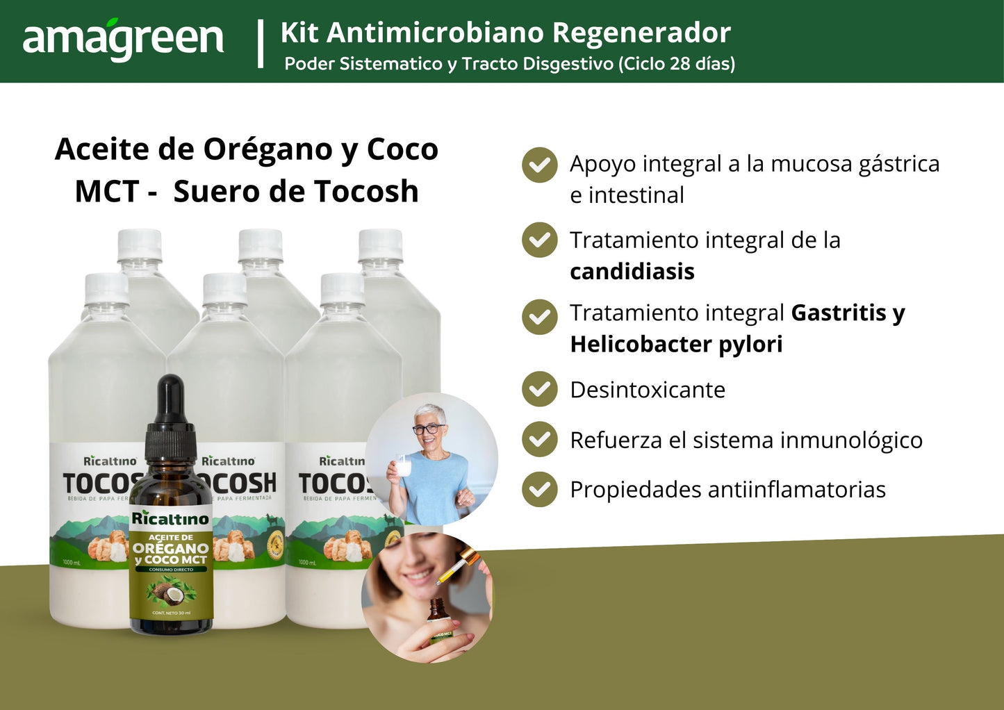 Pack Antimicrobiano y Regenerador 2 ciclos - Aceite 2 EN 1 30 ml (Oregáno y Coco MCT) y Suero de Tocosh 6 x 1Lt