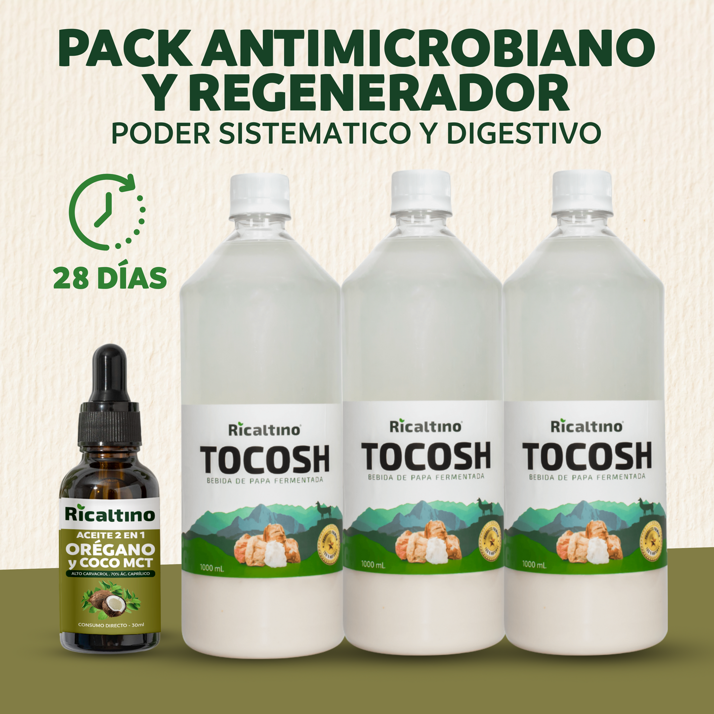 Pack Antimicrobiano y Regenerador 28 días - Aceite 2 EN 1 30 ml (Oregáno y Coco MCT) y Suero de Tocosh 3 x 1Lt