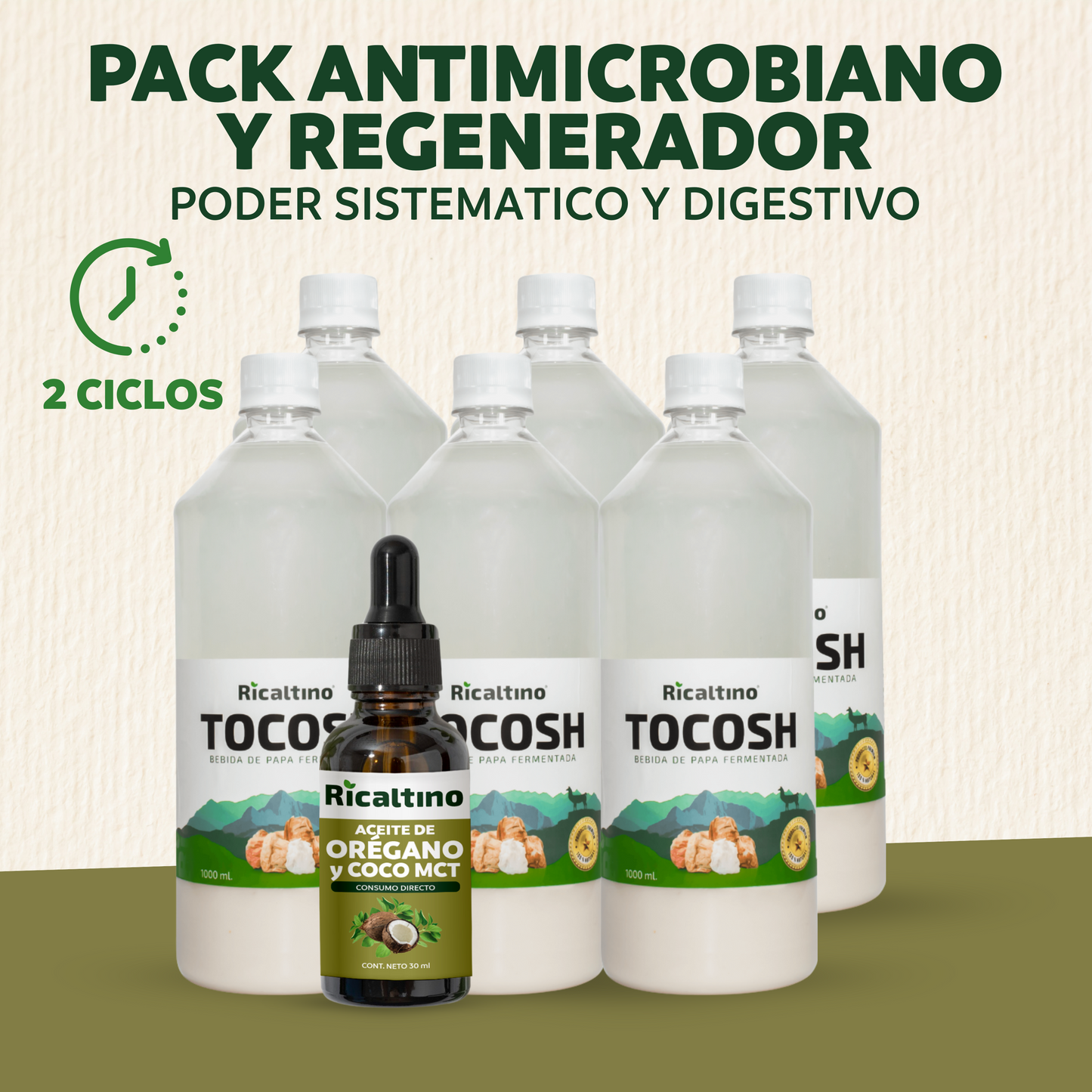 Pack Antimicrobiano y Regenerador 2 ciclos - Aceite 2 EN 1 30 ml (Oregáno y Coco MCT) y Suero de Tocosh 6 x 1Lt