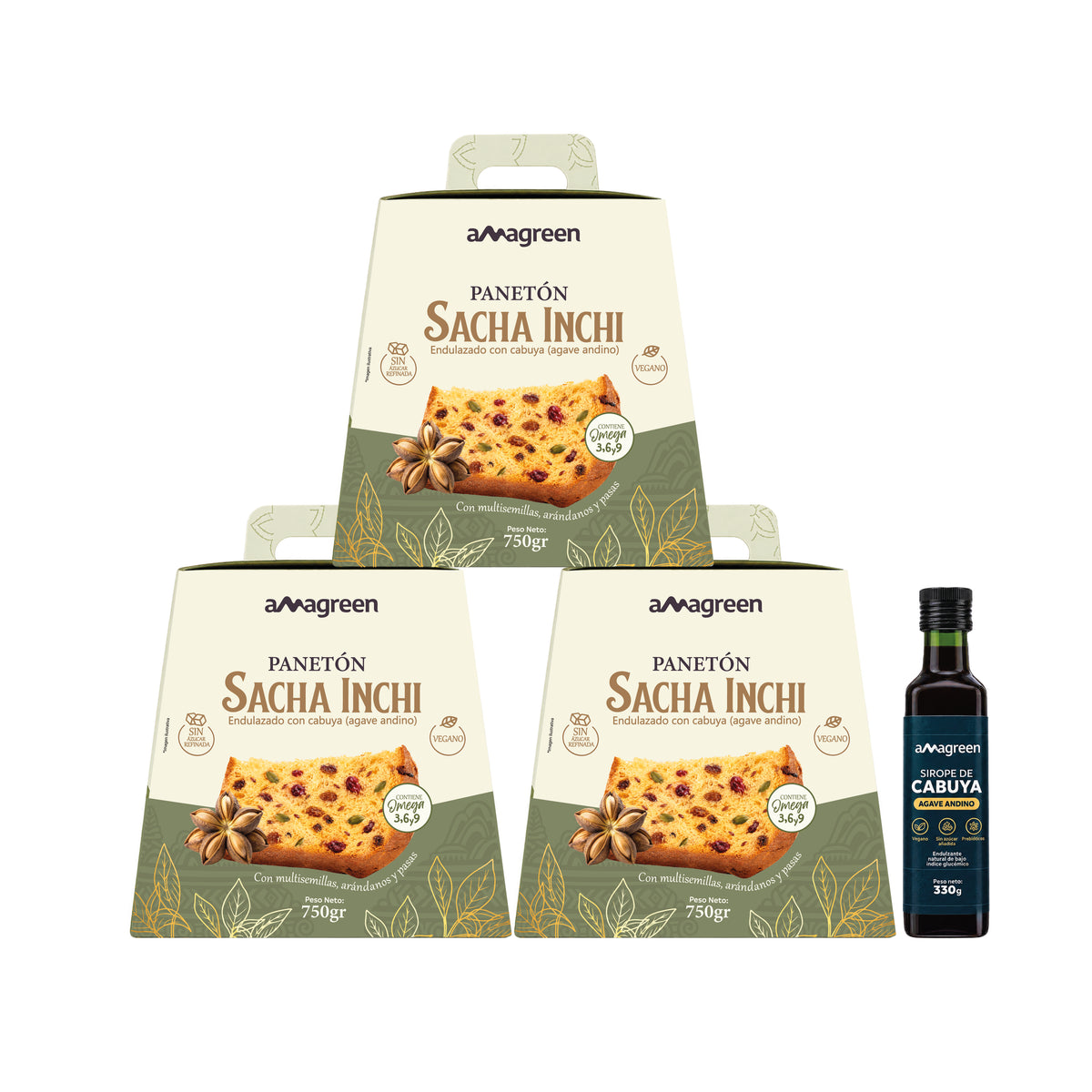 Panetón Vegano sin azúcar refinada Sacha Inchi, Multisemillas y Miel de Cabuya 3 cajas x 750gr y Sirope de Cabuya (Agave Andino) 330g