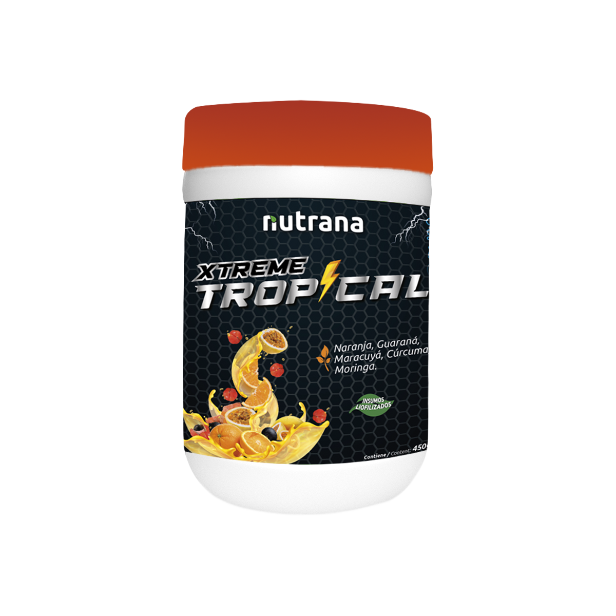 Bebida instantanea en polvo Tropical XTREME Naranja, Maca, Guaraná Nutrana Frasco 450g