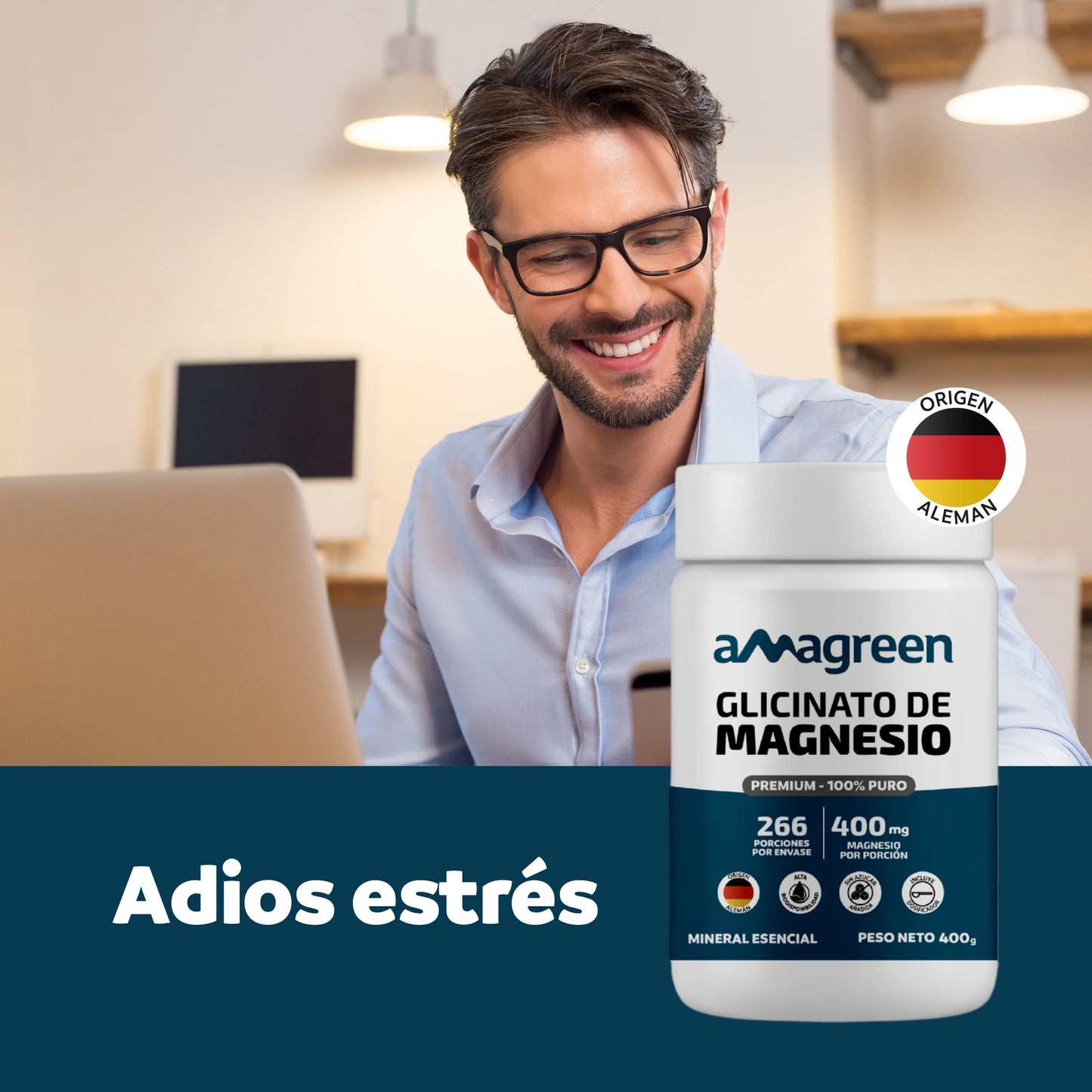 Glicinato de Magnesio 400g - Origen Alemán 100% PURO