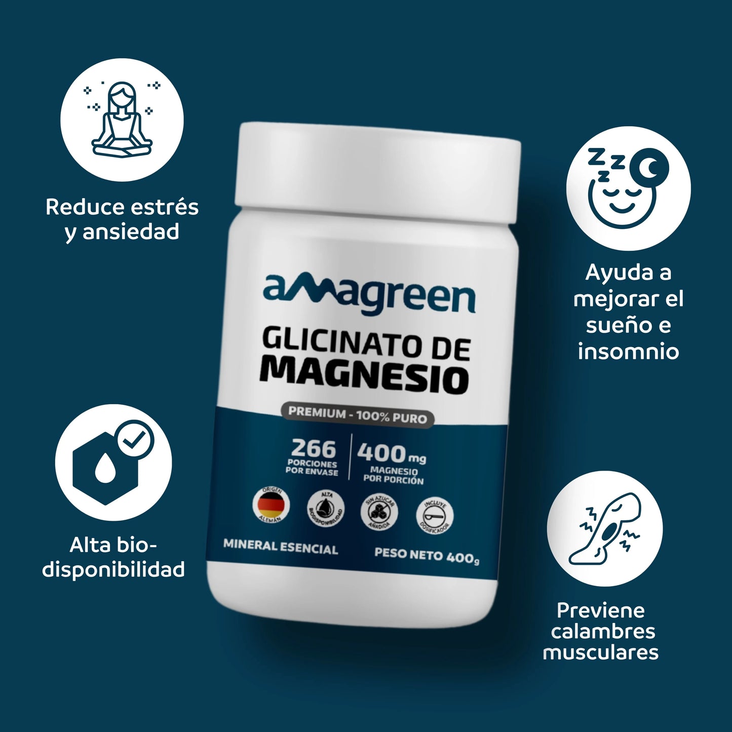 Glicinato de Magnesio 400g - Origen Alemán 100% PURO