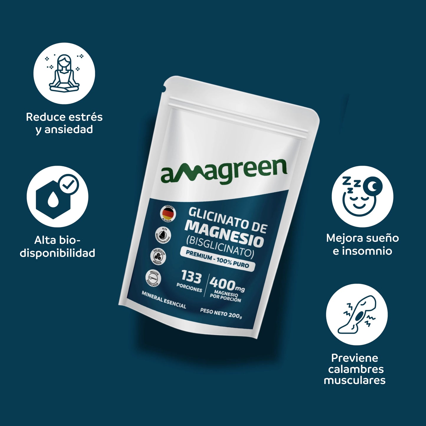 Glicinato de Magnesio 200g - Origen Alemán 100% PURO