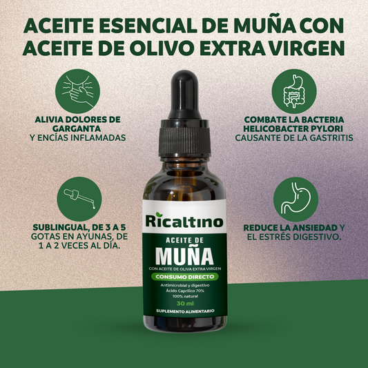 Aceite Esencial de Muña con aceite de Olivo extra virgen Ricaltino 30 ml - Suplemento Alimenticio antimicrobiano y digestivo