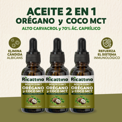 Aceite 2 en 1 orégano con aceite de coco MCT, Carvacrol y Ácido caprílico combate H. Candida Albicans, 3 Und x 30 ml
