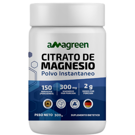 Citrato de Magnesio Premium Polvo Instanáneo Puro Amagreen 300g, sin sabor, origen alemán