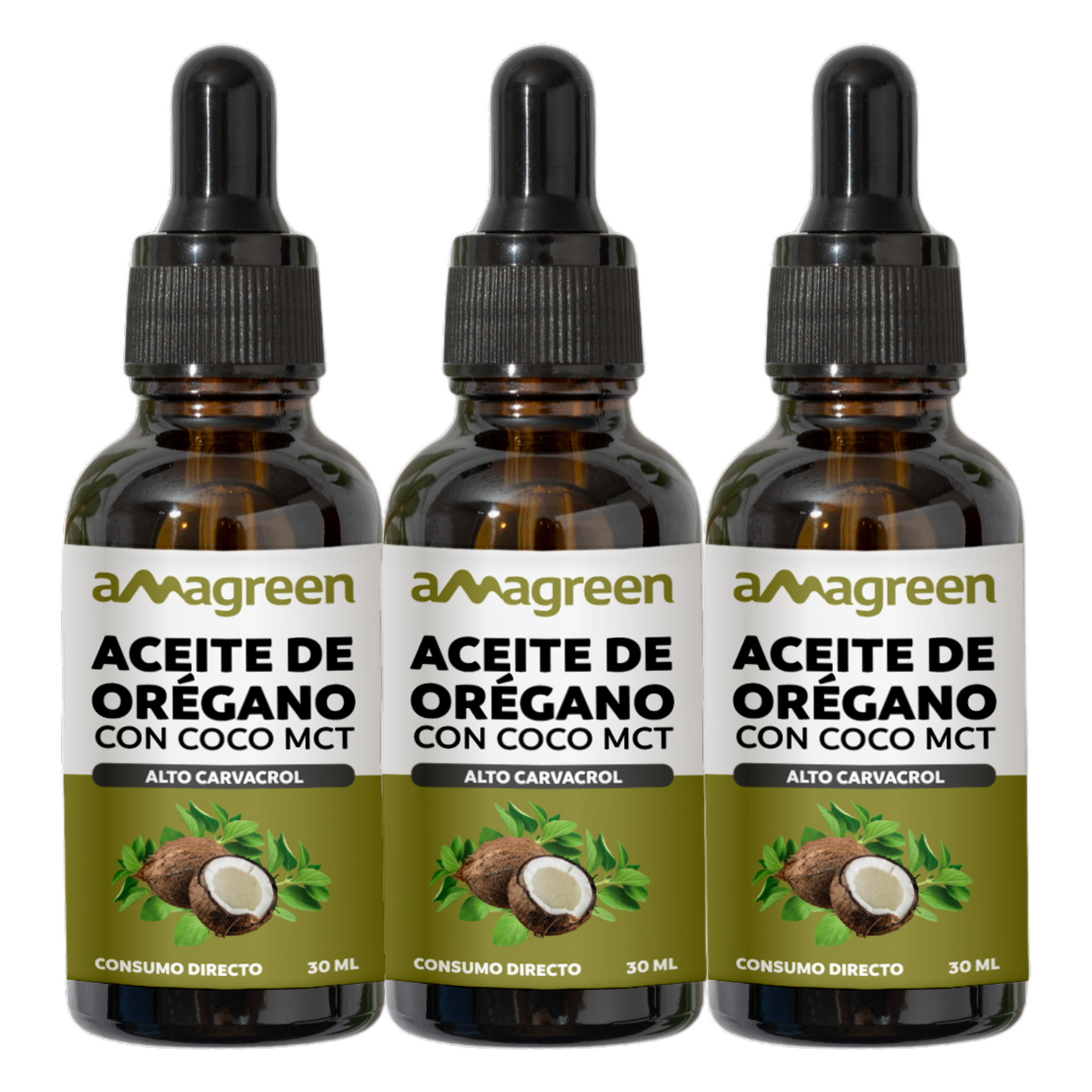 Aceite 2 en 1 orégano con aceite de coco MCT, Carvacrol y Ácido caprílico combate H. Candida Albicans, 3 Und x 30 ml