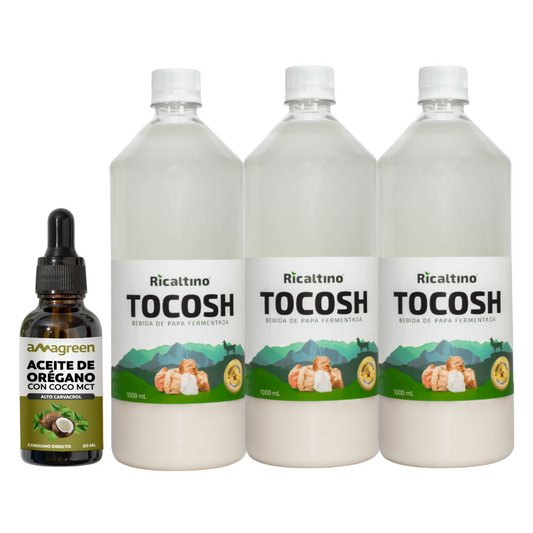 Pack Antimicrobiano y Regenerador 28 días - Aceite 2 EN 1 30 ml (Oregáno y Coco MCT) y Suero de Tocosh 3 x 1Lt