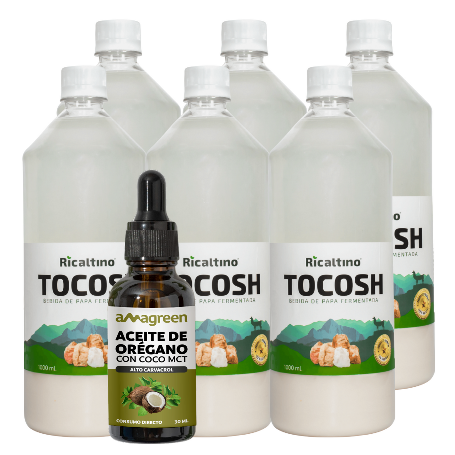 Pack Antimicrobiano y Regenerador 2 ciclos - Aceite 2 EN 1 30 ml (Oregáno y Coco MCT) y Suero de Tocosh 6 x 1Lt
