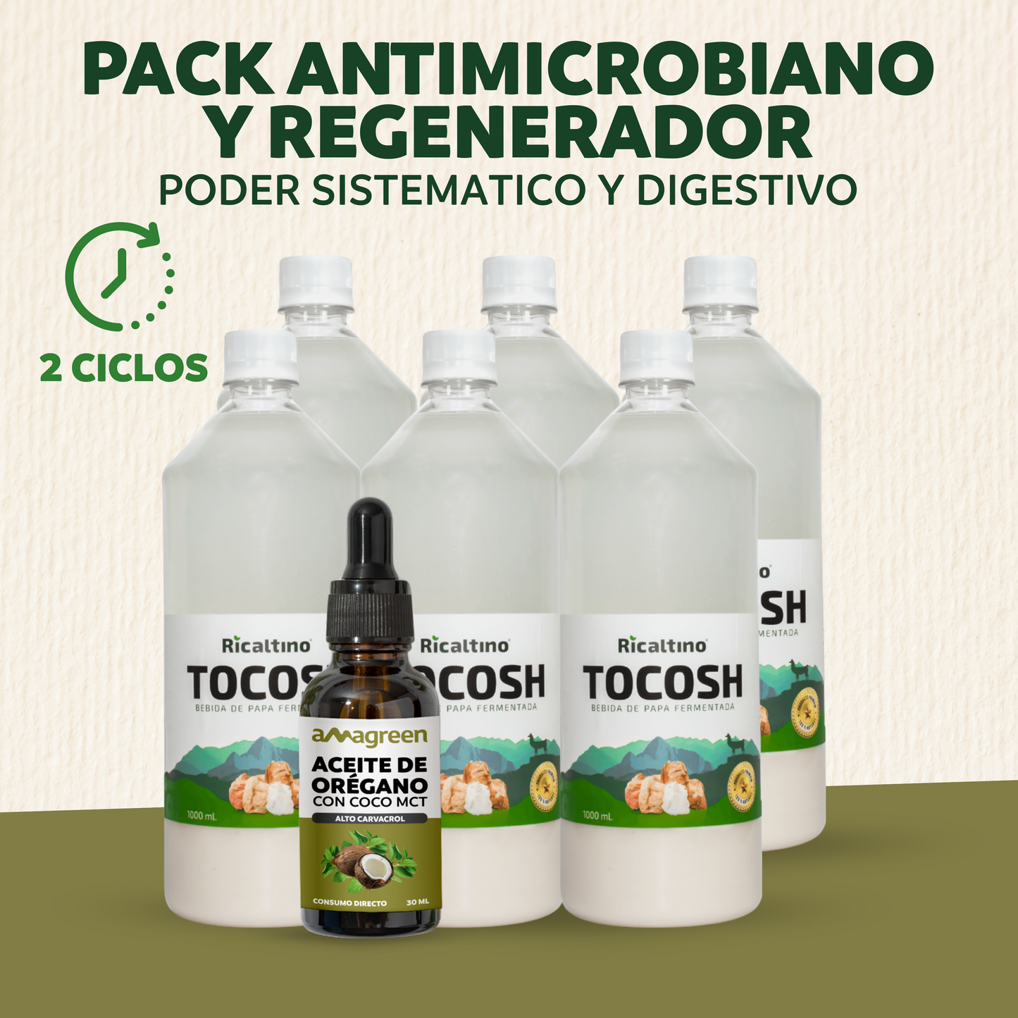 Pack Antimicrobiano y Regenerador 2 ciclos - Aceite 2 EN 1 30 ml (Oregáno y Coco MCT) y Suero de Tocosh 6 x 1Lt