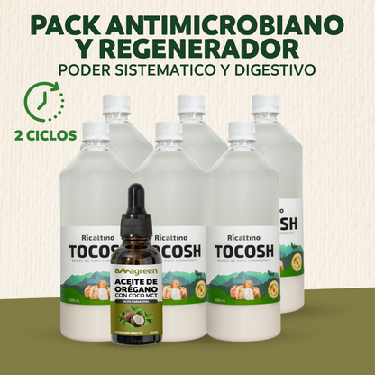 Pack Antimicrobiano y Regenerador 2 ciclos - Aceite 2 EN 1 30 ml (Oregáno y Coco MCT) y Suero de Tocosh 6 x 1Lt