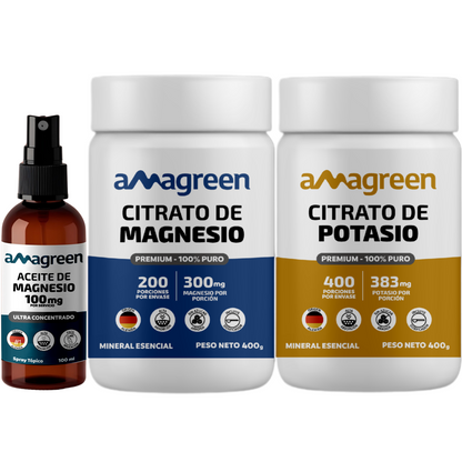 Tripack Aceite de Magnesio 100ml, Citrato de Magnesio 400g y Potasio 400g Amagreen 100% Puros