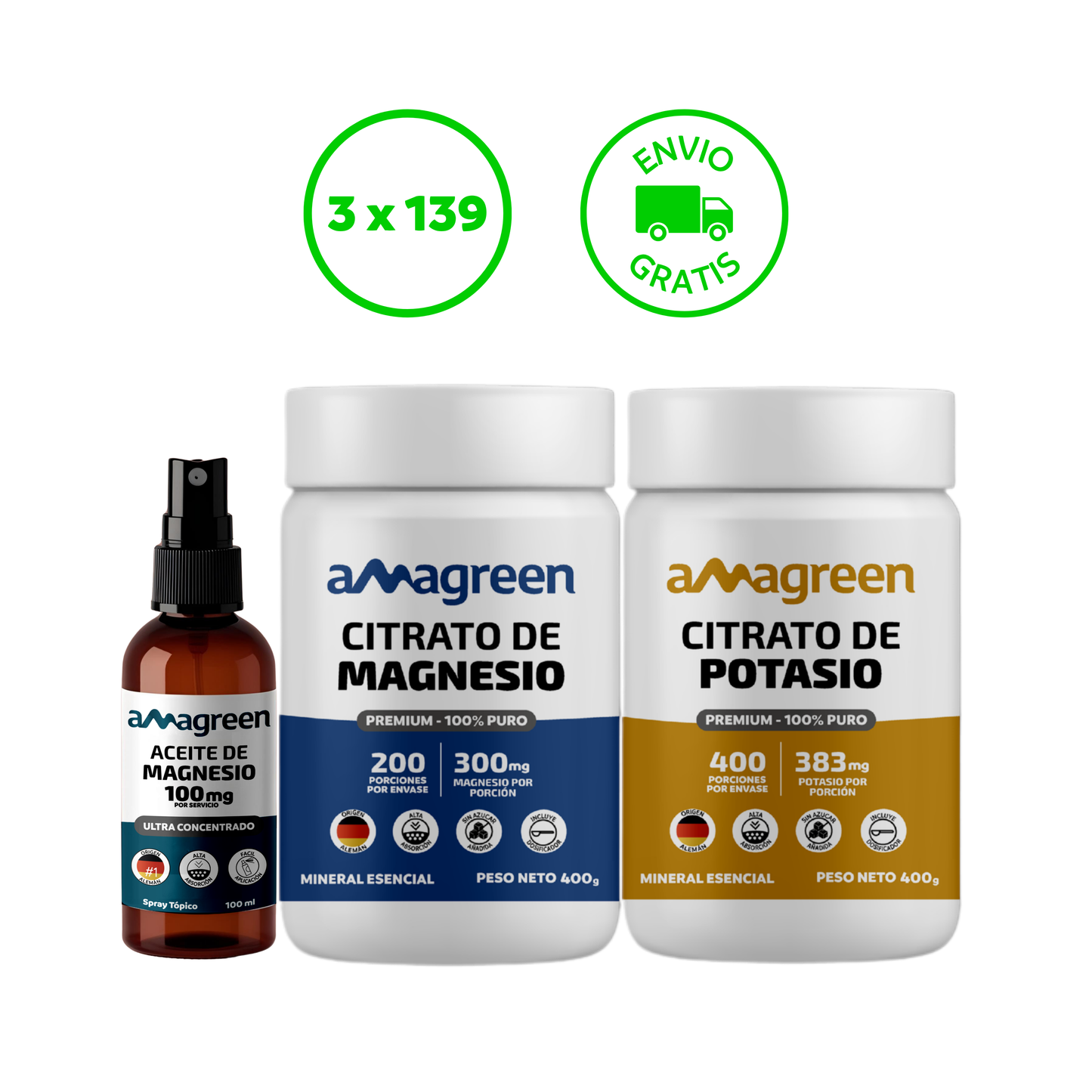 Tripack Aceite de Magnesio 100ml, Citrato de Magnesio 400g y Potasio 400g Amagreen 100% Puros