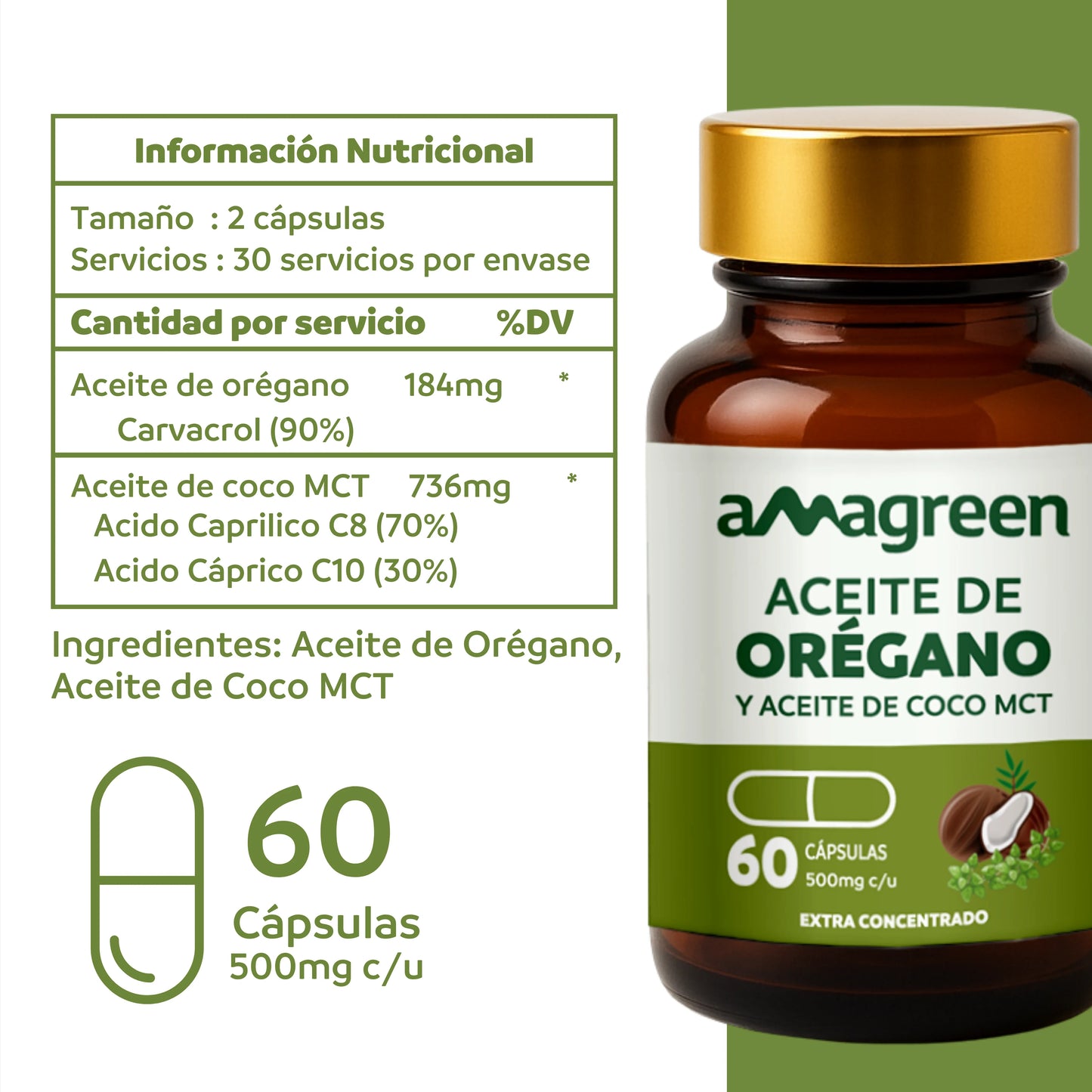 Cápsulas de Aceite de Orégano y aceite de coco MCT 60 unidades | formulado 2 en 1