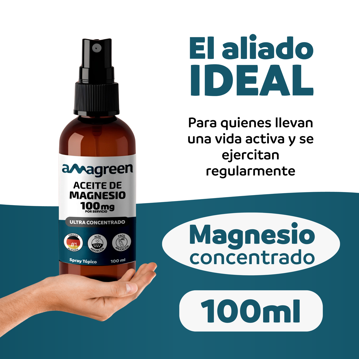 Tripack Aceite de Magnesio 100ml, Citrato de Magnesio 400g y Potasio 400g Amagreen 100% Puros