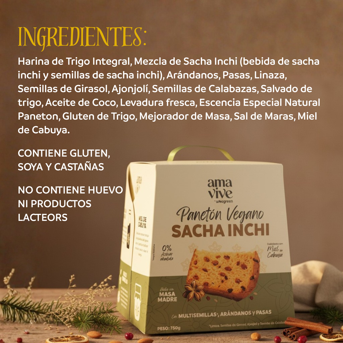 Panetón Vegano sin Azúcar Añadida con Sacha Inchi, Multisemillas y Miel de Cabuya 750 g