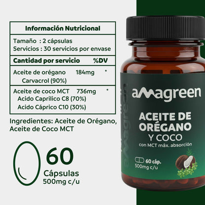 Aceite de Orégano y Aceite de Coco MCT | 60 Cápsulas Blandas
