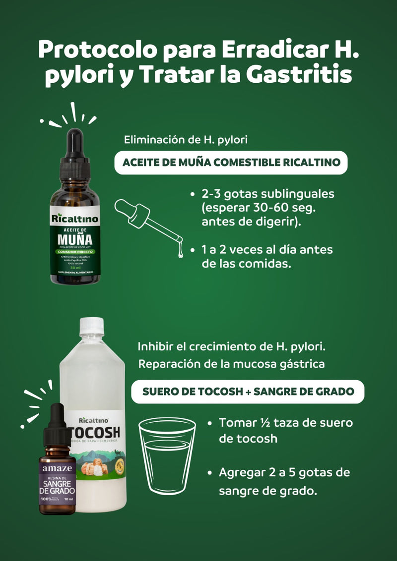 Pack Combate la Gastritis Helicobacter Pylori (01 Aceite de muña consumible 30ml, 01 Sangre de grado 10ml y 02 Sueros de Tocosh 1Lt)