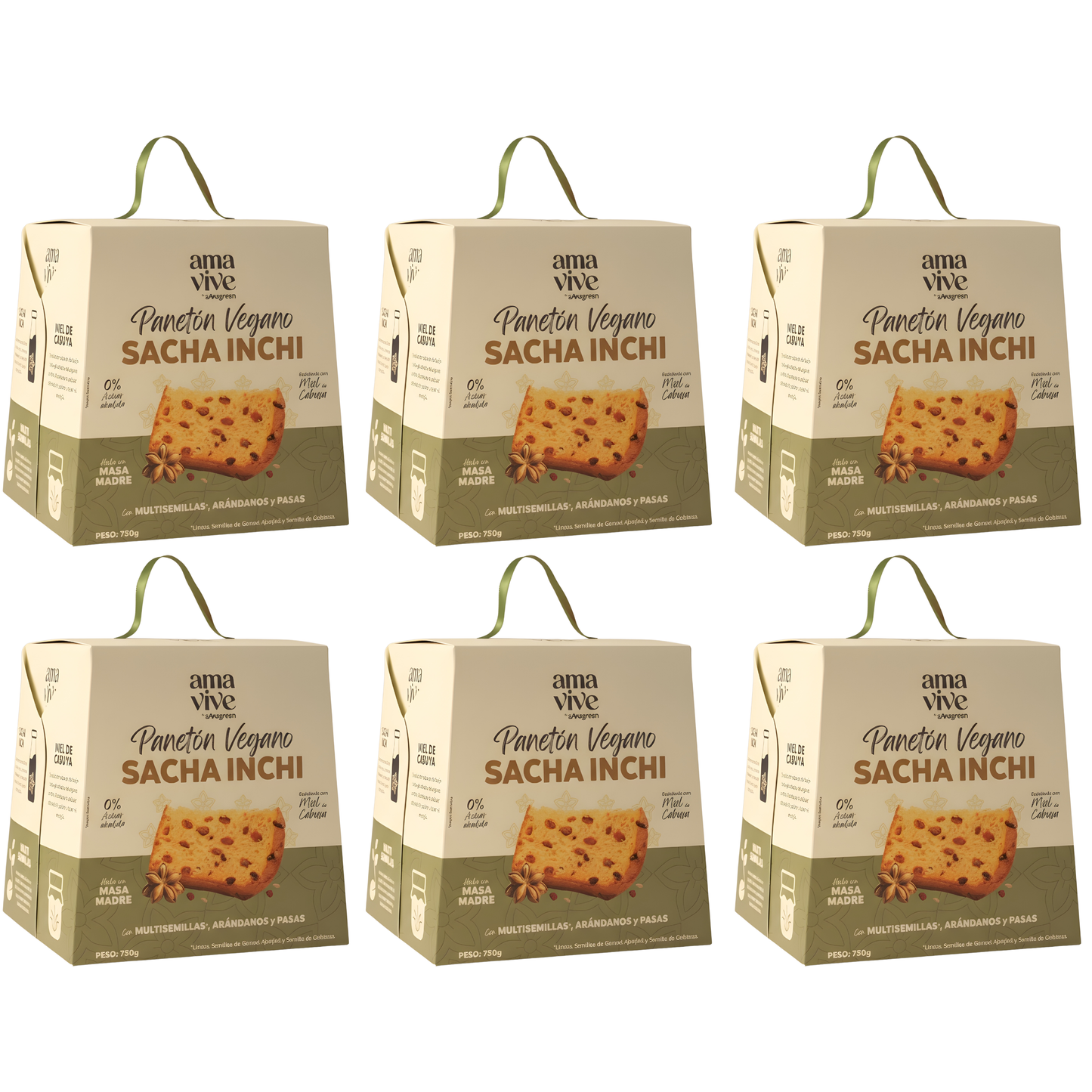 Caja 6 Panetones Vegano sin Azúcar Añadida con Sacha Inchi, Multisemillas y Miel de Cabuya 750 g
