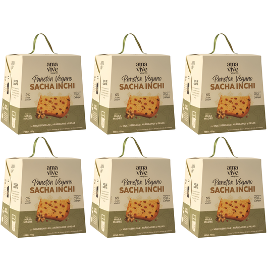 Caja 6 Panetones Vegano sin Azúcar Añadida con Sacha Inchi, Multisemillas y Miel de Cabuya 750 g
