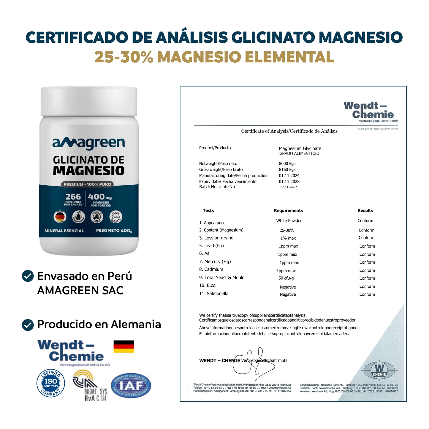 2 Unidades de Glicinato de Magnesio 200g - Origen Alemán 100% PURO