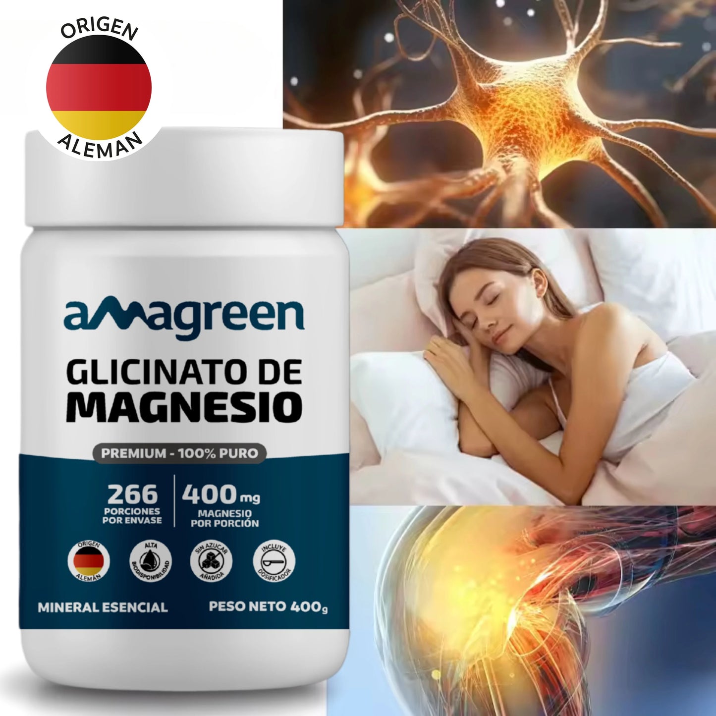 Glicinato de Magnesio 400g - Origen Alemán 100% PURO