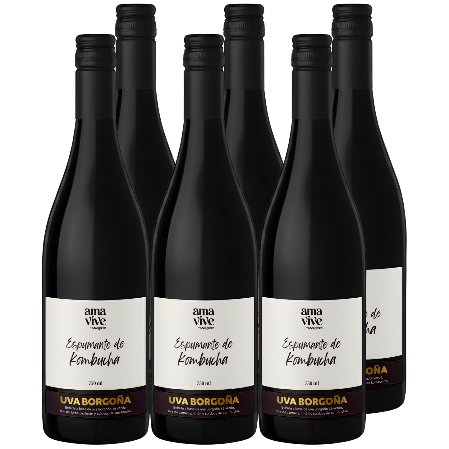 Pack x 6 Espumantes de Kombucha Uva Borgoña  sin alcohol Amavive 750ml