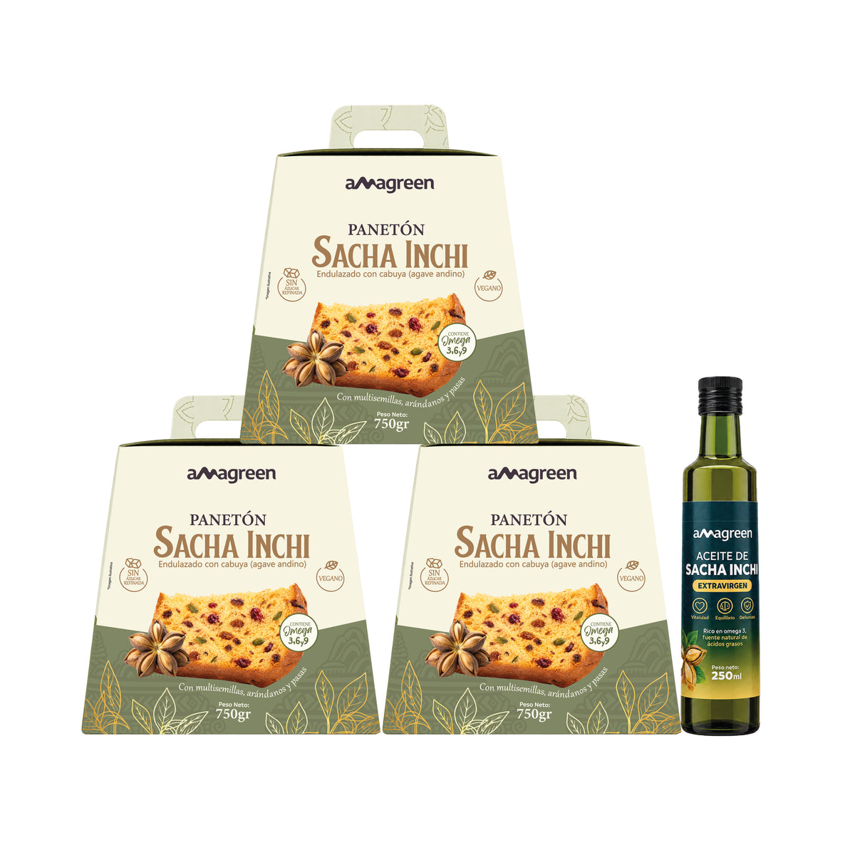 Panetón Vegano sin azúcar refinada Sacha Inchi, Multisemillas y Miel de Cabuya 3 cajas x 750gr y Aceite de Sacha Inchi 250ml