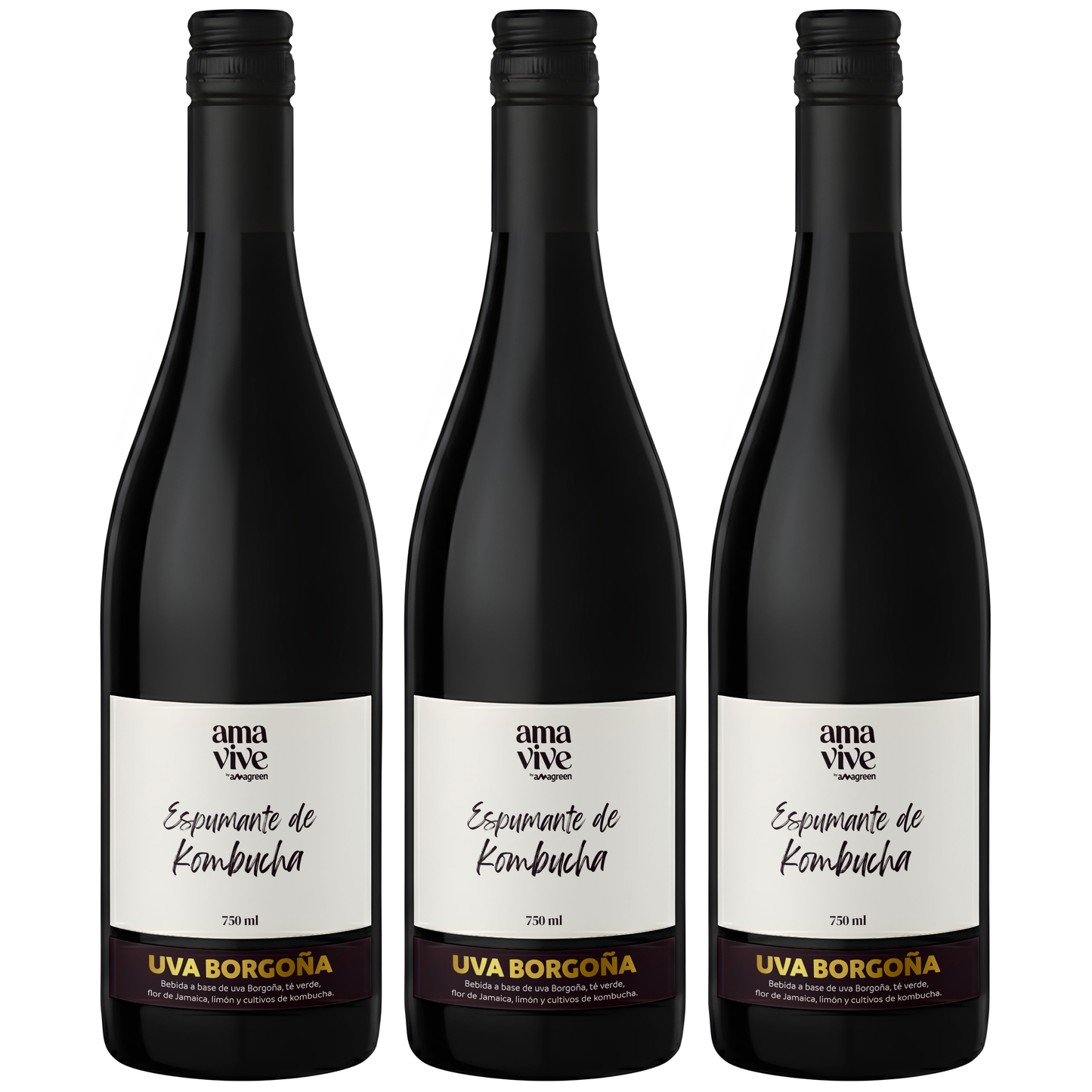 Pack x 3 Espumantes de Kombucha Uva Borgoña  sin alcohol Amavive 750ml