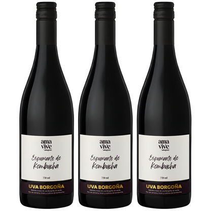Pack x 3 Espumantes de Kombucha Uva Borgoña  sin alcohol Amavive 750ml