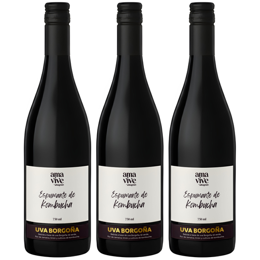 Pack x 3 Espumantes de Kombucha Uva Borgoña  sin alcohol Amavive 750ml