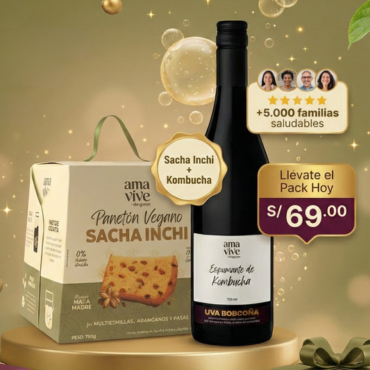 Pack Panetón sin azúcar Sacha Inchi Caja 750g + Espumante Probiótico Kombucha Botella 750ml