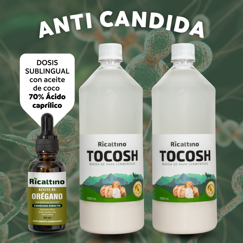 Pack Anti Candida (01 Aceite de orégano con aceite de coco MCT 70% ácido caprílico 30ml   y 02 Sueros de Tocosh 1Lt)