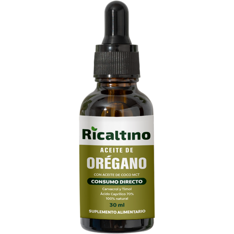 Aceite Esencial de Oregano con aceite de coco MCT 70% ácido caprílico Ricaltino 30 ml - Combate la Cándida albicans